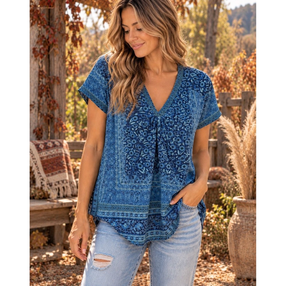 Lucky Brand Blue Boho Floral Paisley Short Sleeve Blouse Top Size M